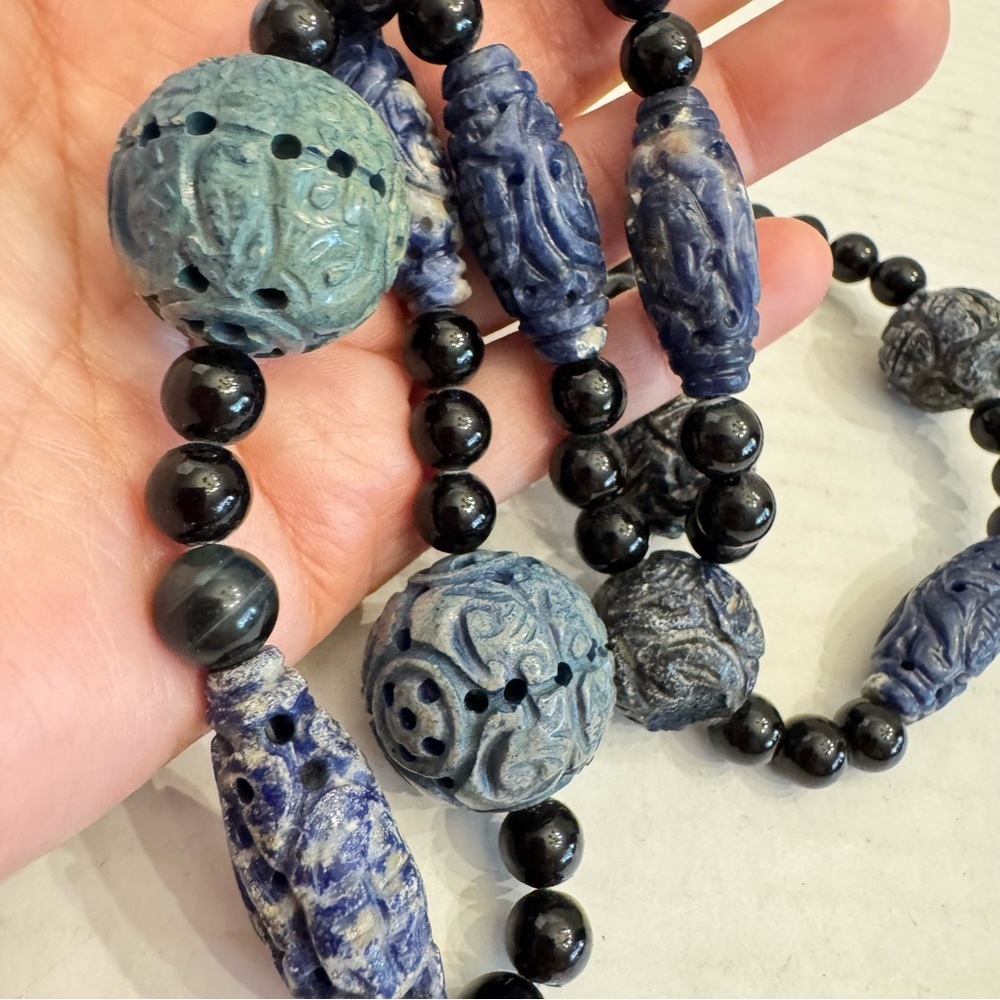 HEAVY Vintage Chinese Shou Design Carved Lapis Lazuli Beaded Necklace 25" Long